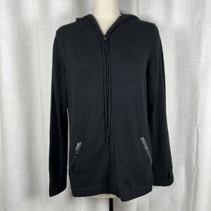 Hale Harden Cashmere Zip Up Hoodie Women's Large Black Quiet Luxury Calf Leather